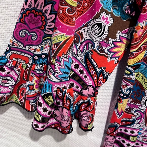 JBS multicolor Paisley Shift Dress Flair Ruffle Sleeves 70s Style Party Cocktail - Picture 6 of 10